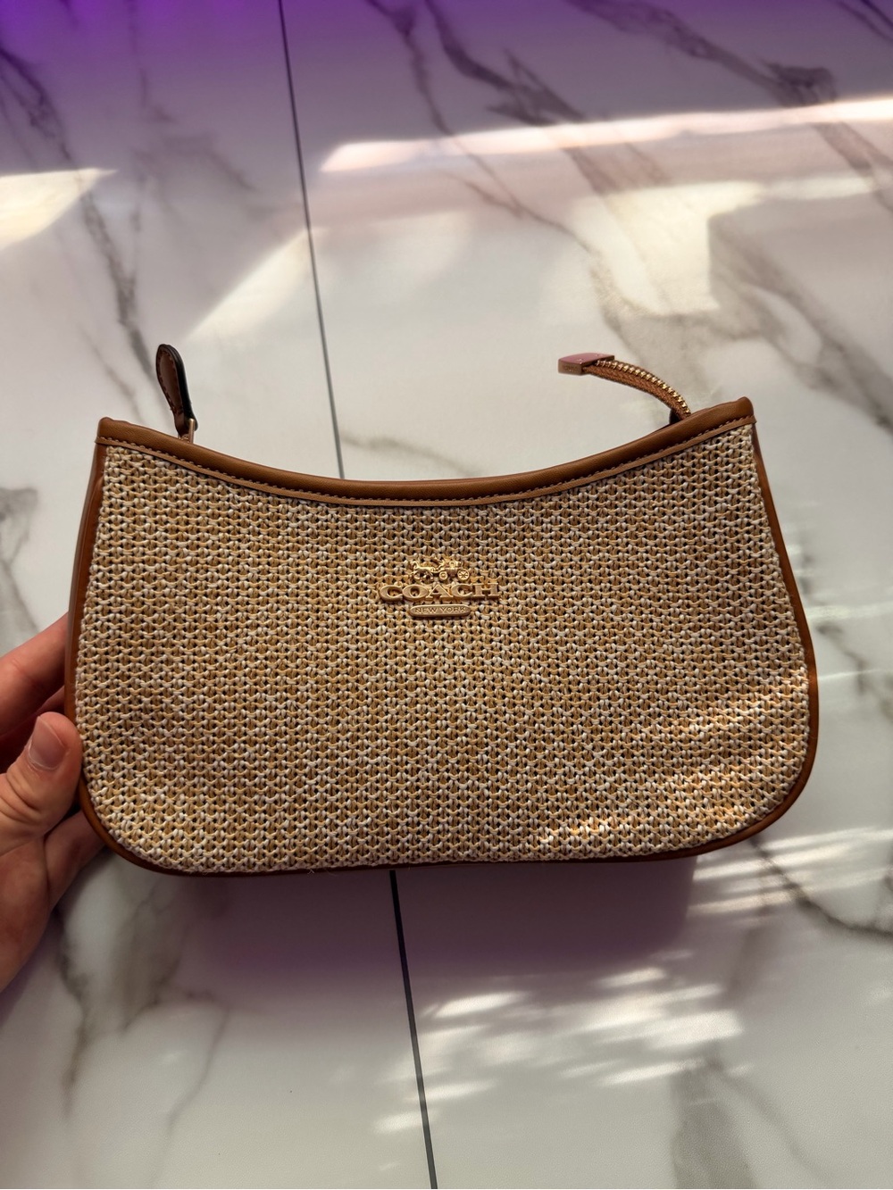 Coach Woven Straw Shoulder Bag with Brown Trim